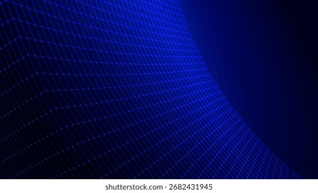 Fundo abstrato da perspectiva 3D com linhas de grade azuis brilhantes e curvas, simbolizando a tecnologia digital, a realidade virtual, o ciberespaço e o design futurista.