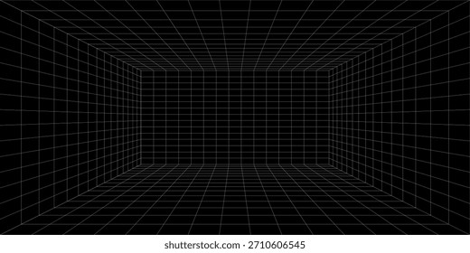 Abstractas diseño de Vector de marco de alambre interior de perspectiva 3D. Ilustración vectorial. rejilla de alambre. sala de rejilla de perspectiva sobre fondo negro