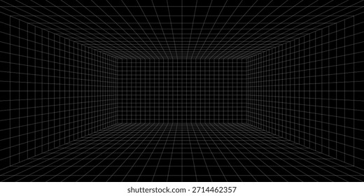 Abstraktes 3D-perspektivisches Drahtmodell-Vektordesign für Innenräume. Vektorgrafik. Drahtgitter. perspektivischer Gitterraum auf schwarzem Hintergrund