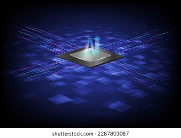 Abstrakte 3D-Perspektive Technologie Gehirn Mikrochip künstliche Intelligenz AI Maschine Lernen Schriftart leuchtet Stromleitungen mit Licht überlappenden Quadrate unten. blauer Farbverlauf-Hintergrund