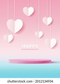 Abstract 3D pink cylinder pedestal podium with pastel. Modern vector rendering geometric platform for product display presentation.Paper flying elements on pastel backgrou
