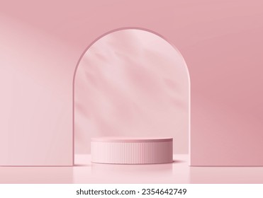 Abstract 3D pink cylinder pedestal podium background with leaf shadow in arch gate. Product display mockup presentation. Pastel minimal wall scene. Stage showcase. Platforms vector geometric design.