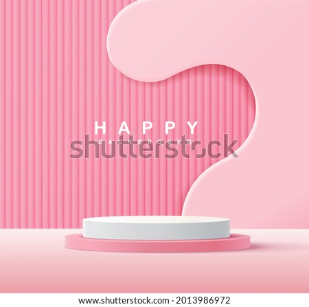 Abstract 3D pink cylinder pedestal podium with pastel minimal wall scene. Valentines postcard. Paper flying elements on pastel background Vector symbols of love in shape of heart for Happy Day.