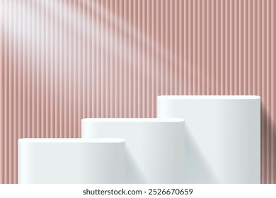 Abstract 3D pink gold podium background. Modern minimalist mockup for product display presentation. Realistic pink gold cylinder pedestal podium. Geometric stage showcase with copy space. 