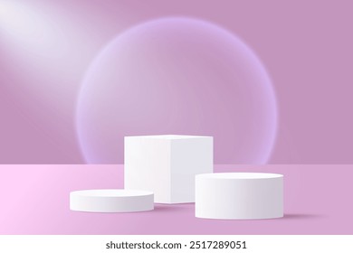 Fundo de pódio 3D rosa abstrato. Moderna maquete minimalista para apresentação de exposição de produtos. Realista pódio de pedestal de cilindro rosa. Exibição de palco geométrico com espaço de cópia. 