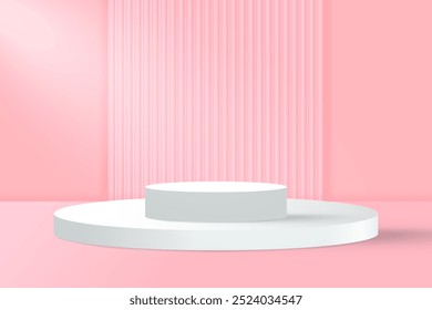 Abstract 3D pink podium background. Modern minimalist mockup for product display presentation. Realistic pink cylinder pedestal podium. Geometric stage showcase with copy space. 
