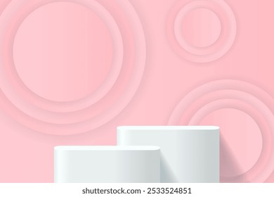 Abstractas fondo de podio rosa 3D. Maqueta minimalista moderna para presentación de productos. Podio de pedestal de cilindro rosa realista. Escaparate geométrico con espacio de copia. 