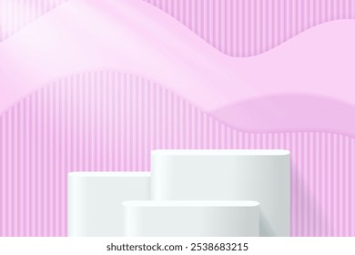 Abstrakter 3D-rosa Podiumhintergrund. Modernes minimalistisches Mockup für Produktpräsentation. Realistische rosa Zylinder Podest Podium. Geometrisches Bühnenbild mit Kopienraum. 