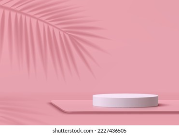 Abstract 3D pink room background with realistic white cylinder pedestal podium, Palm leaf shadow overlay. Minimal wall scene for mockup product display. Geometric forms design. Summer stage showcase.