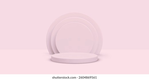 Abstract 3D pink room with set of realistic cylinders. Minimal scene for product display mockup presentation. Vector illustration