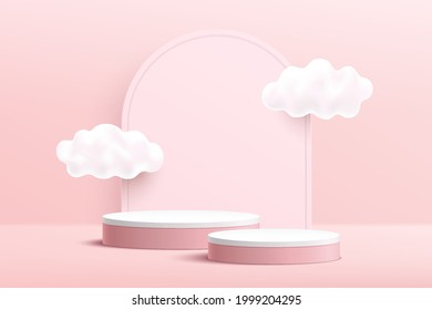 Resumen podio peatonal 3D de cilindro rosa y blanco con cielo en la nube y fondo geométrico de arco. Escena de pared mínima en color rosa dulce. Plataforma geométrica de representación vectorial para la presentación de productos valentinos. 