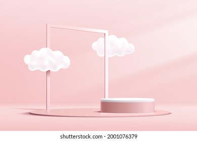 Abstract 3D pink and white cylinder pedestal podium with cloud sky and geometric square frame. Pastel pink minimal wall scene. Vector rendering geometric platform for product display presentation. 