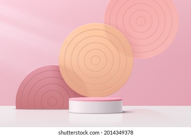 Abstract 3D pink, white cylinder pedestal podium with pink glass circle overlap layers backdrop. Pastel pink minimal scene for product display presentation. Vector geometric rendering platform design.