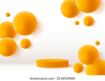 Fundo abstrato do pódio 3D com bolas volumétricas laranja 3D. Pódio para demonstração do produto.