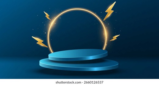 Design abstrato do pódio 3D para apresentações de eventos de vendas ou exibição de produtos. Levitando pódio azul com anel brilhante e símbolos de relâmpago. Moda cena para apresentação de venda. Ilustração vetorial.