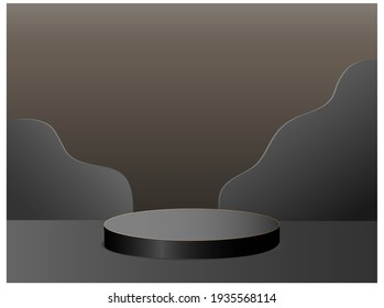 Abstract 3d podium with geometric forms. Black scene, background. Product presentation, mockup. Vector illustration.