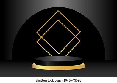 Abstract 3d podium with geometric forms. Black scene, dark background, golden decor. Product presentation, mockup. Vector illustration.