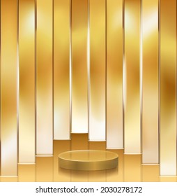 Abstract 3D podium with geometric platform. Gold color minimal strips wall scene. Modern vector rendering for product presentation. 