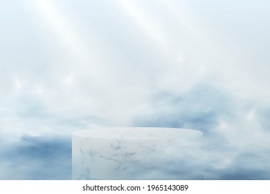 Abstract 3d podium on a blue background. Realistic scene with marble empty platform for showcasing cosmetics in the clouds in pastel colors.