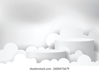 Abstract 3D podium with paper cut clouds on background. Pedestal mockup minimal scene empty stage for presentation product cosmetic, stand, showcase, exhibition, fashion display. Vector
