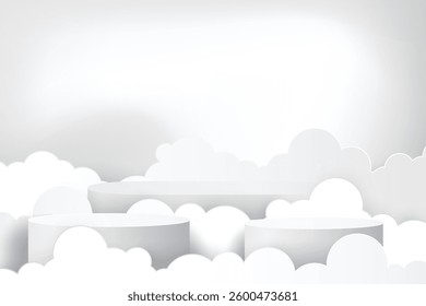 Abstract 3D podium with paper cut clouds on background. Pedestal mockup minimal scene empty stage for presentation product cosmetic, stand, showcase, exhibition, fashion display. Vector
