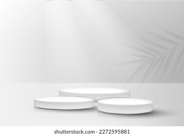 Abstract 3d podium for product presentation with geometric shapes, Empty round podium,Platforms for product presentation and shadows and light,Podium 3D empty pastel green with tropical leaf.