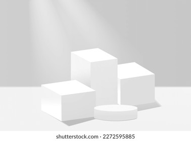 Abstract 3d podium for product presentation with geometric shapes, Empty round podium,Platforms for product presentation and shadows and light.