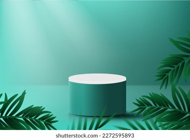 Resumen de 3d podio para presentación de productos con formas geométricas, podio redondo vacío, Plataformas para presentación de productos y sombras y luz, Podium 3D vacío verde pastel con hoja tropical.