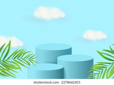 Resumen de 3d podio para presentación de producto con formas geométricas, podio redondo vacío, Plataformas para presentación de producto y cielo azul.