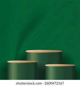 Abstract 3D podium with smooth fabric floating on background. Pedestal mockup minimal scene empty stage for presentation product cosmetic, stand, showcase, exhibition, fashion display. Vector

