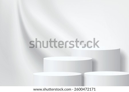 Abstract 3D podium with smooth fabric floating on background. Pedestal mockup minimal scene empty stage for presentation product cosmetic, stand, showcase, exhibition, fashion display. Vector
