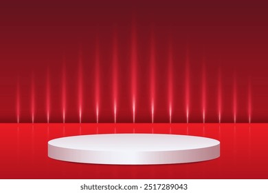 Abstract 3D podium with spot light on red studio background. Modern minimalist mockup for product display presentation. Realistic grey cylinder pedestal podium. 