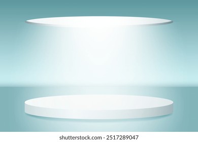 Abstractas podio 3D con luz puntual sobre fondo azul de estudio. Maqueta minimalista moderna para presentación de productos. Podio realista de pedestal cilíndrico gris. 