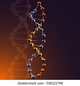 Abstract 3d polygonal DNA concept. Faces spheres connecting line on orange purple background.
