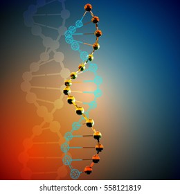 Abstract 3d polygonal DNA concept. Faces spheres connecting line on orange blue background.