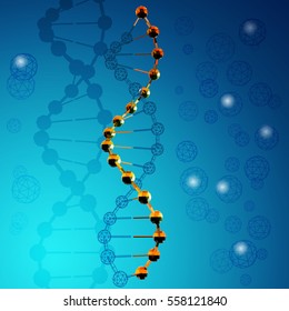 Abstract 3d polygonal DNA concept. Faces spheres connecting line on blue background.