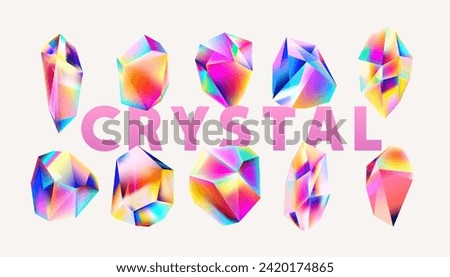 Abstract 3D polygonal iridescent shapes. Set of colorful glass crystals