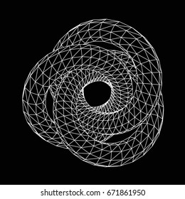 Abstract 3D polygonal wireframe geometric knot on black.