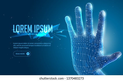 Abstract 3D Polygonal Wireframe Open Hand, Arm On Blue Background. Banner, Poster, Advertisement. Power, Strength, Protection, Control, Touch, Stop. Ready For Your Design. Vector EPS10