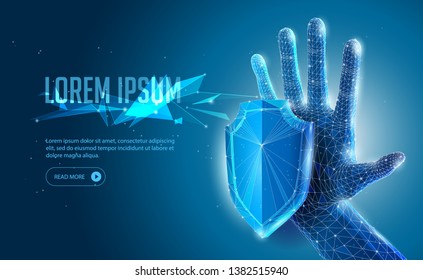 Abstract 3D Polygonal Wireframe Protection Shield, Open Hand, Arm On Blue Background. Banner, Poster, Advertisement. Security, Safe Concept, Power, Strength, Protection, Control, Touch, Stop. 