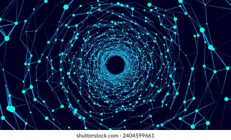 Abstract 3d portal. Circle tunnel or wormhole. Digital background with connected blue dots and lines. Vector illustration.