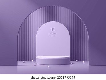 Abstract 3D purple cylinder pedestal podium background with vertical pattern scene in arch gate. Mockup product display presentation. Minimal scene. Stage showcase. Platforms vector geometric design.