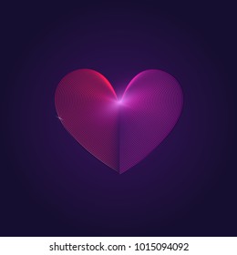 Abstract 3D purple heart vector shape with light reflections. Love concept.