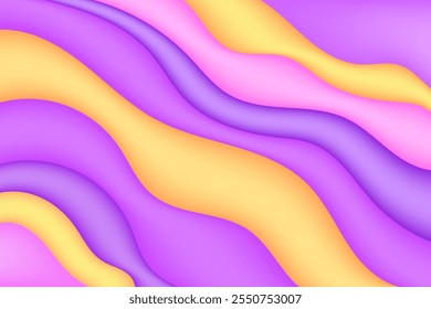 Abstrato 3d roxo, fundo ondulado amarelo. Cores doces bonitos papel de parede. Padrão de ondas de curvas orgânicas infladas com textura plástica brilhante para apresentação, mídias sociais, cartaz, banner da web