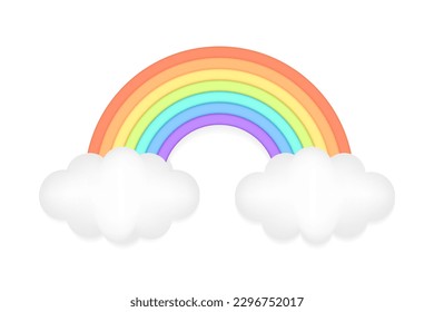 Abstract 3D Rainbow Arch with clouds Vector Illustration with Clay Effect. Cute Design Element for Decorative Concept. Use as Sign, Icon, or Graphic for Happy and Creative Designs. Isolated on white