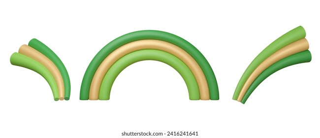 Abstract 3d rainbow in green and golden colors. St. Patrick's Day lucky element. Semicircular and in the form of rays. Vector isolated illustration. Cartoon icon render.