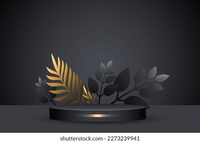 "Abstract 3D Realistic Black Empty Round Podium with Golden Oval Ground for Minimal Product Display and Award Ceremony Concept - Vector Stock Illustration"