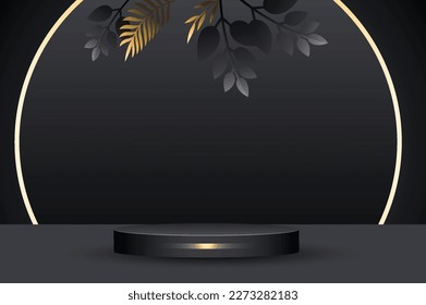 "Resumen 3D Podium redondeado negro realista vacío con suelo dorado para la visualización mínima de productos y el concepto de ceremonia de premiación - Ilustración de material vectorial"