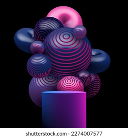 Abstract 3D realistic empty neon colors podium with blue and pink gradient color decorative realistic balls elements flying random on black background. Product display for banner mockup, showroom
