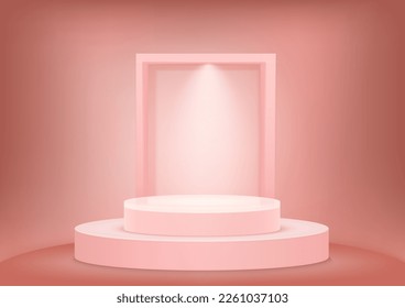 Abstract 3D realistic empty pink product background podium or pedestal and lighting. Minimal wall scene for cosmetic product display presentation. Luxury stage showcase.